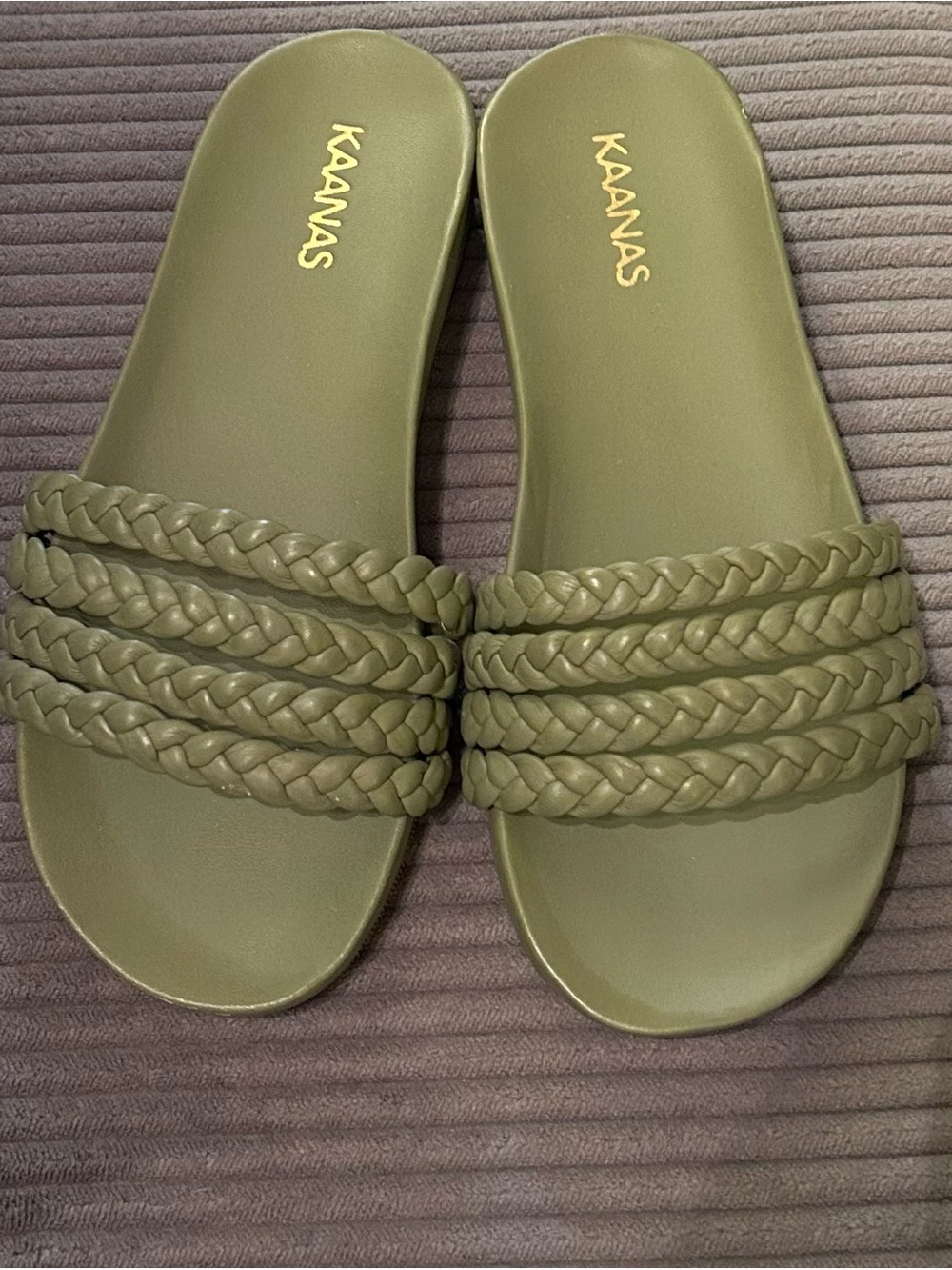 Kaanas Olive Braided Slide Sandals for Women